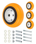 Super Tough 4 Pack 5 Inch Heavy Duty Rolling Caster Wheels Five Eighth Inch Bore Industrial Replacement Casters Zero Hassle Mounting Kit with orange wheels and hardware.