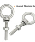 Hardcore Stainless Steel Eye Bolts M4 X 25mm Threaded With Hex Nuts And Flat Washers 4 Pack, close-up of stainless steel loop pins.