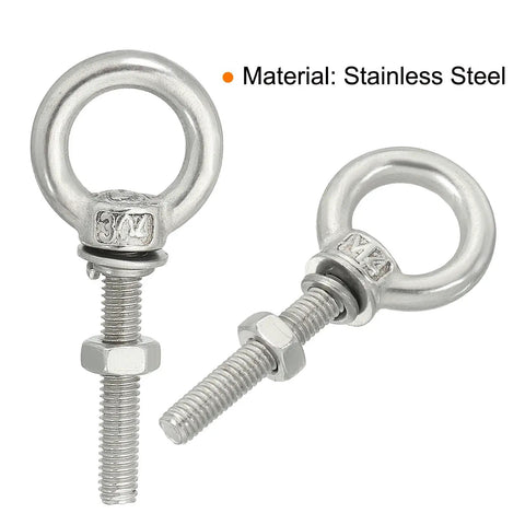 Hardcore Stainless Steel Eye Bolts M4 X 25mm Threaded With Hex Nuts And Flat Washers 4 Pack, close-up of stainless steel loop pins.