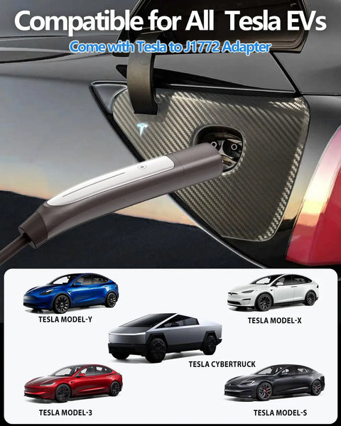 Portable EV Charger 16A 110V To 240V Level 1 And Level 2 NACS And J1772 Compatible Tesla charging a Tesla vehicle