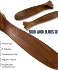 Close-up of walnut wood blade design of 52 Inch Smart Outdoor Ceiling Fan With Lights For Patios Damp Rated Walnut Wood 3 Blade Farmhouse Style With High Airflow DC Motor Remote App And Alexa Control.