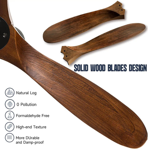Close-up of walnut wood blade design of 52 Inch Smart Outdoor Ceiling Fan With Lights For Patios Damp Rated Walnut Wood 3 Blade Farmhouse Style With High Airflow DC Motor Remote App And Alexa Control.