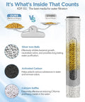 Filtered Shower Head With Handheld Combo, Dual 2-In-1 Spa System filter materials including silver ions, carbon, calcium sulfite.