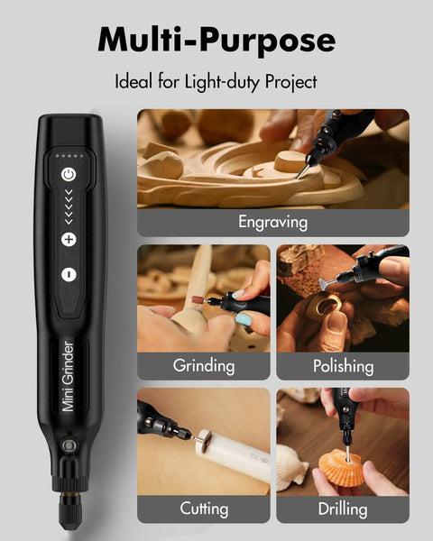 Badass Cordless Mini Rotary Tool With Five Speed Settings And Eighteen Thousand RPMs Rechargeable Engraving Pen With Bright LED Light shown in use for engraving, grinding, cutting, polishing, and drilling.