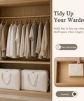 Badass Cotton Canvas Comforter Storage Bags Featuring A Safe Double Zipper And Solid Carrying Handles With A Clear View Window Perfectly Holds Sheets Blankets And Pillows Amazing Closet Organization in a closet with hanging clothes.