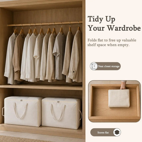 Badass Cotton Canvas Comforter Storage Bags Featuring A Safe Double Zipper And Solid Carrying Handles With A Clear View Window Perfectly Holds Sheets Blankets And Pillows Amazing Closet Organization in a closet with hanging clothes.