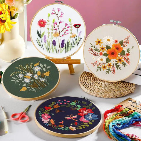 Four Pack Embroidery Kit For Beginners And Adults DIY Starter Set With Flower Patterns Cross Stitch Includes Embroidery Hoop Tools