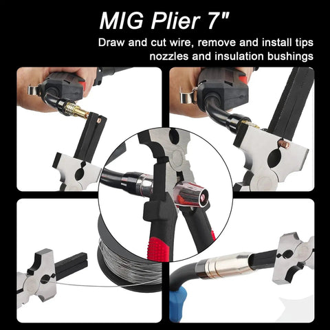 Sturdy Magnetic Mig Welding Torch Holder Stand With Strong High Carbon Steel Pliers For Cutting And Organizing Cables To Keep Your Setup Safe From Damage showing 7-inch MIG pliers used for wire cutting.