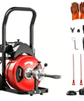 Heavy Hit 100 Ft Auto Feed Drain Cleaner With Three Quarter Inch Cable And Six Interchangeable Blades To Bust Through Stubborn Toilet Sink Pipe Clogs No Sweat Sewer Snake Power Tool with gloves and accessories.