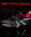 Glow In The Dark Unisex Cycling Shoes With Preinstalled Look Delta Cleats For Peloton And Road Bikes Easy Clip In Night Riding Ready Black Size 43 Durable Breathable All Weather Training showing night effect display with highlighted bright upper and red strap.