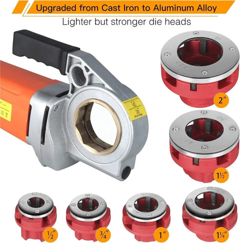 Hella Powerful 2300W Heavy Duty Electric Pipe Threader with six quick change die heads for different pipe sizes.