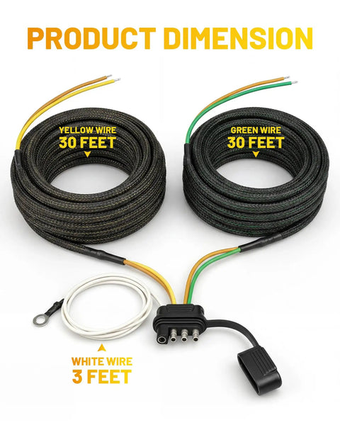4 Pin 5 Wire Trailer Wiring Harness Kit Easy Install 30 Ft 18AWG With Nylon Net Tube Protection displayed with dimensions.