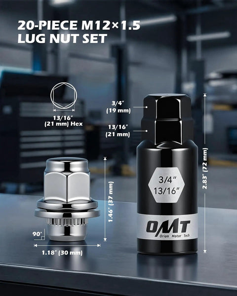 Set Of 20 12x1.5 Lug Nuts With Mag Seat For Toyota Cars Like Camry, Corolla, Highlander, shown with measurements