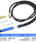 Professional Grade Heavy Duty 1/8 Inch Pneumatic Air Die Grinder Kit With 55 Foot Flex Hose, 56000 RPM Speed Control components including die grinder, flexible hose, wrenches.