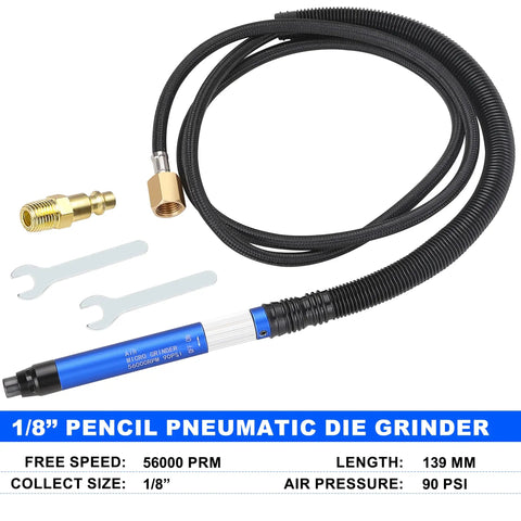 Professional Grade Heavy Duty 1/8 Inch Pneumatic Air Die Grinder Kit With 55 Foot Flex Hose, 56000 RPM Speed Control components including die grinder, flexible hose, wrenches.
