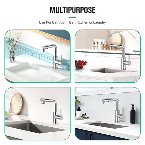 Single Handle Kitchen Faucet With Pull Out Sprayer And Deck Plate, Chrome Finish, shown in kitchen and bathroom settings