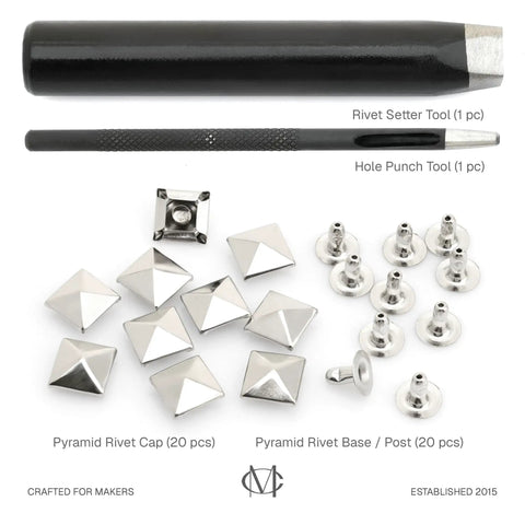 Dope Pyramid Rivet Setter Kit With Spike Rivet Tool For Leather And Denim, Includes Hole Punch Cutter And 20 Silver 10 mm Rivets