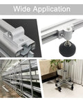 Set Of Four M12 Aluminum Caster Wheel Connectors For 5050 T Slot Extrusion shown with various applications and mounting details.