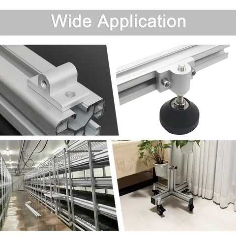 Set Of Four M12 Aluminum Caster Wheel Connectors For 5050 T Slot Extrusion shown with various applications and mounting details.