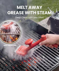 Bristle Free BBQ Grill Brush with 17 Inch Cool Touch Handle Steam Cleaner used on a grill removing grease with steam.