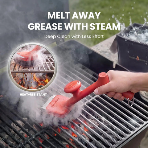 Bristle Free BBQ Grill Brush with 17 Inch Cool Touch Handle Steam Cleaner used on a grill removing grease with steam.