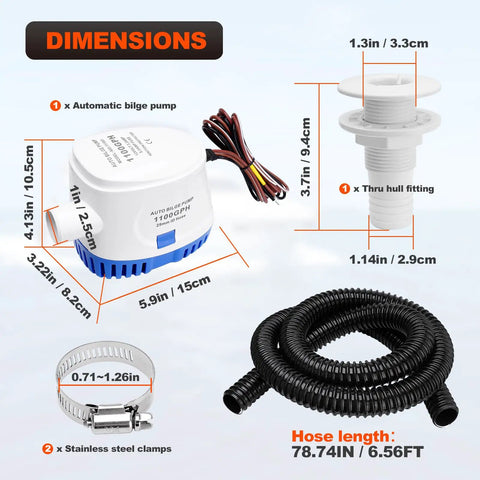 1100 GPH 12V Automatic Bilge Pump Kit For Boats With 1 1/8 Inch Outlet, 6Ft Hose, Clamps, Thru Hull Fitting ready for installation