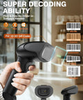 Handheld barcode scanner demonstrating decoding abilities for 1D and 2D QR codes