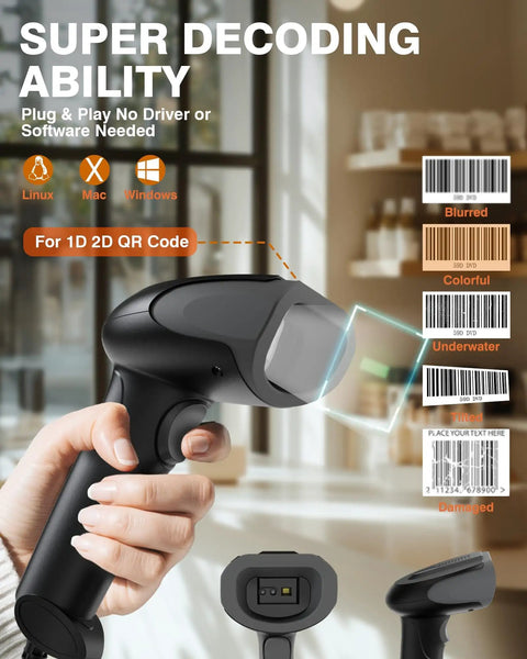 Handheld barcode scanner demonstrating decoding abilities for 1D and 2D QR codes
