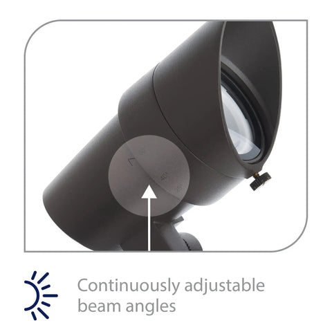 Close-up of 12V Landscape Accent Light with adjustable beam angle, black finish, K alloy aluminum for coastal environments.