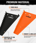 Two Piece Magnetic Wrench Organizer With 32 Slots For Toolboxes, Drawers And Garage, Keeps SAE Quarter Inch To One And One Sixteenth Inch And Metric Six To Twenty Four Millimeter Wrenches Neatly Stored, Black And Orange, 11 Pound Capacity shown in black and orange with wall mount holes.