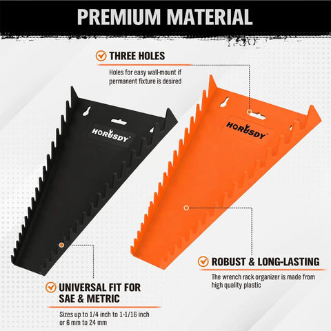 Two Piece Magnetic Wrench Organizer With 32 Slots For Toolboxes, Drawers And Garage, Keeps SAE Quarter Inch To One And One Sixteenth Inch And Metric Six To Twenty Four Millimeter Wrenches Neatly Stored, Black And Orange, 11 Pound Capacity shown in black and orange with wall mount holes.