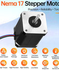 NEMA 17 bipolar stepper motor, angled front view with exposed shaft and 4-lead cable