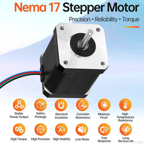 NEMA 17 bipolar stepper motor, angled front view with exposed shaft and 4-lead cable
