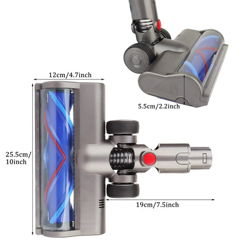 Replacement Cleaner Head Attachment For V6 Cordless Vacuum, V Shape Turbo Bristle With Headlights, dimensions shown