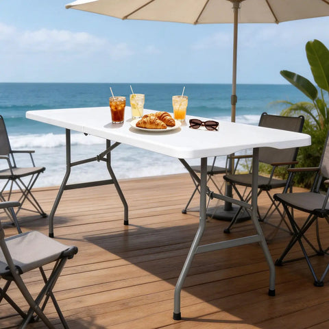 6 Ft Folding Table Outdoor Indoor Plastic Square Dining Table Portable No Assembly Easy Setup shown at beach deck with chairs