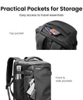 Go-To Travel Backpack 40L With Large Main Compartment And Seventeen Inch Laptop Sleeve showing top and side pockets for storage