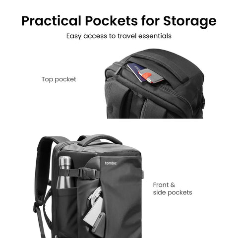 Go-To Travel Backpack 40L With Large Main Compartment And Seventeen Inch Laptop Sleeve showing top and side pockets for storage