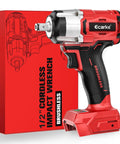 One Half Inch Cordless Impact Wrench Compatible With Milwaukee Eighteen Volt Packs Delivers Three Hundred Foot Pounds Brushless Torque And A Sharp LED Lamp on a red box.
