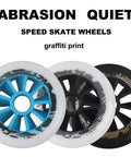 Six Pack Inline Skate Wheels 90mm 100mm 110mm Set 85A Replacement for Roller Blades, various designs with graffiti print, white and black wheels