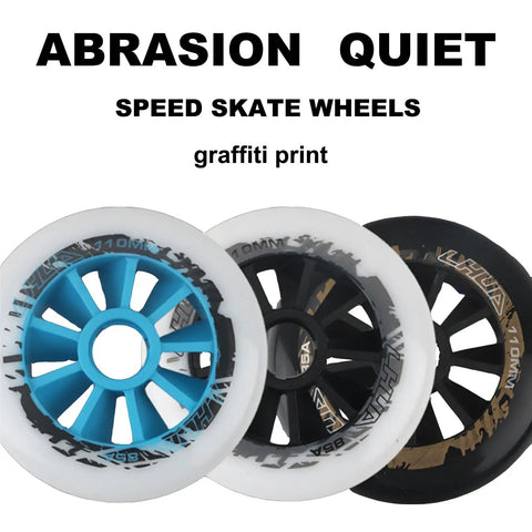 Six Pack Inline Skate Wheels 90mm 100mm 110mm Set 85A Replacement for Roller Blades, various designs with graffiti print, white and black wheels
