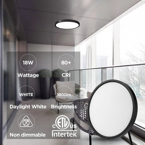 LED Flush Mount Ceiling Light 18W 180W Equivalent Slim Black Fixture, 8.9 Inch, installed in a modern indoor space