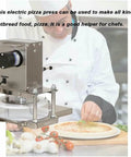 Killer Quality Electric Pizza Dough Presser And Pastry Roller Sheeter No Sweat Tortilla And Flatbread Maker For Home Kitchens Whisper Quiet Motor, stainless steel electric press with chef preparing flatbread.