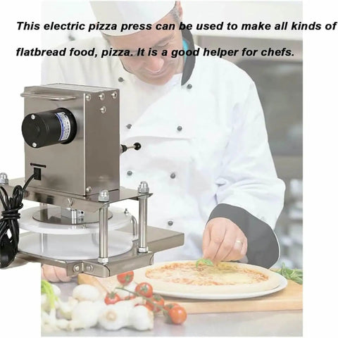Killer Quality Electric Pizza Dough Presser And Pastry Roller Sheeter No Sweat Tortilla And Flatbread Maker For Home Kitchens Whisper Quiet Motor, stainless steel electric press with chef preparing flatbread.