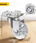Slick Two Inch Clear Casters Featuring Top Shelf Polyurethane Build with heavy duty rating, showing dimensions of caster wheels on wood floor.