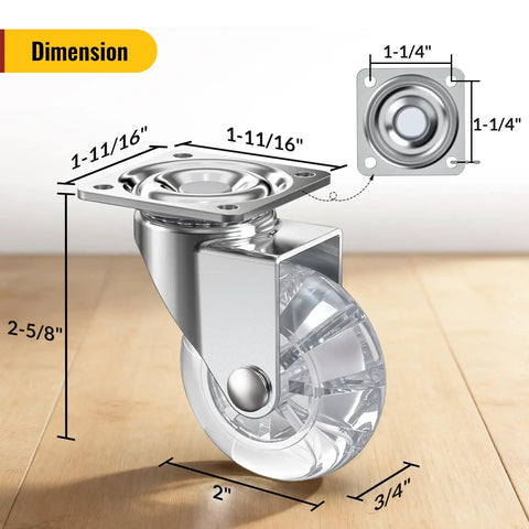 Slick Two Inch Clear Casters Featuring Top Shelf Polyurethane Build with heavy duty rating, showing dimensions of caster wheels on wood floor.