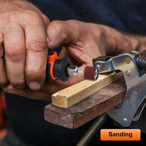 Close-up of 141-Piece Rotary Tool Accessories Kit with 1/8-Inch Shank Universal Fitment used for sanding wood piece