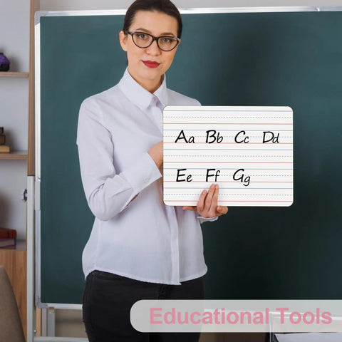 Teacher holding 32 Pack Double Sided Mini Whiteboards 9x12 Inch With Lined Surfaces For Kids Students Teachers And Classrooms.