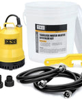 Tankless Water Heater Descaling Flush Kit With Inline Submersible Pump And Quick Connect Adapters Three Gallon Utility Bucket and black hoses.