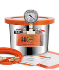 1.5 Gallon Vacuum Chamber With Tempered Glass Lid and Stainless Steel Build, includes gauge and orange hose for wood stabilizing.