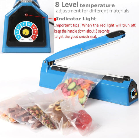 12 Inch Impulse Heat Sealer For Plastic Bags Manual Tabletop Bag Sealer With Adjustable Temperature And 8 Settings in use sealing snacks